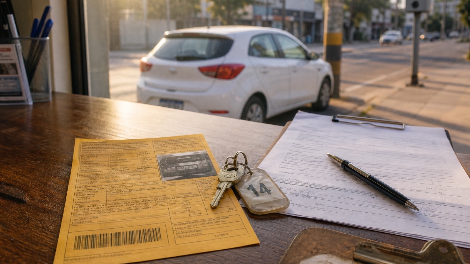 Notificação de multa sobre o balcão de uma locadora, ao lado das chaves do veículo e do contrato. Ao fundo, um carro branco e um radar de velocidade.